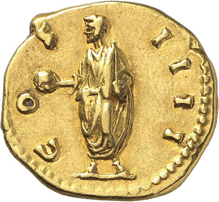 RIC III Antoninus Pius 233B Antoninus Pius reverse, Antoninus, togate, standing left, holding globe in righ hand, left arm...
