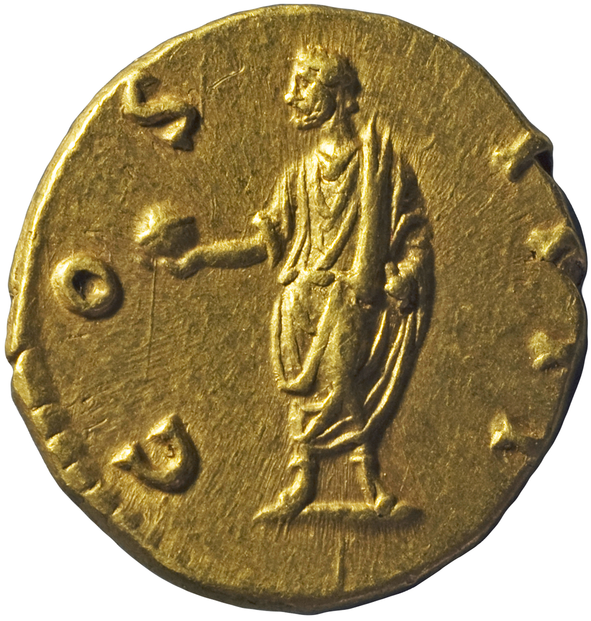 RIC III Antoninus Pius 233B Antoninus Pius reverse, Antoninus, togate, standing left, holding globe in righ hand, left arm...
