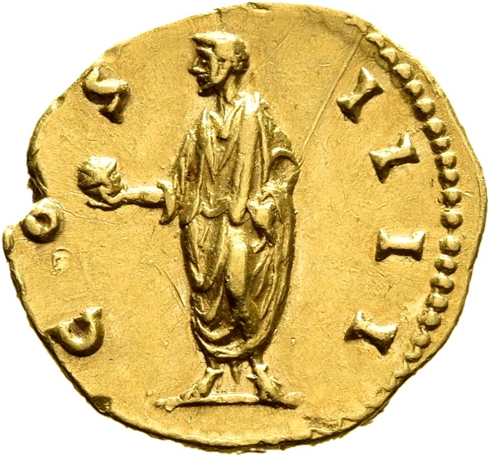 RIC III Antoninus Pius 233C Antoninus Pius reverse, Antoninus, togate, standing left, holding globe in righ hand, left arm...