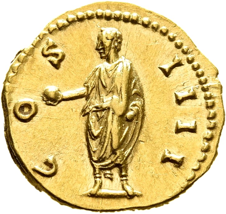 RIC III Antoninus Pius 233E Antoninus Pius reverse, Antoninus, togate, standing left, holding globe in righ hand, left arm...