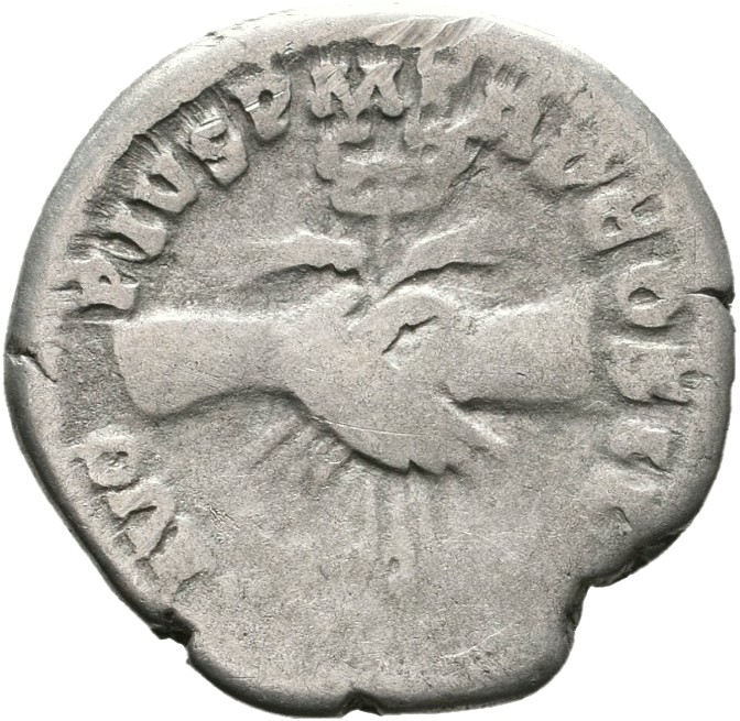 RIC III Antoninus Pius 26a Antoninus Pius reverse, Clasped hands holding caduceus (sometimes winged) and two corn-ears