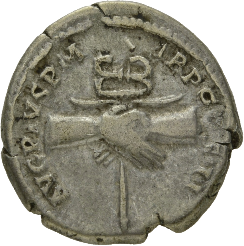 Antoninus Pius reverse — Clasped hands holding caduceus (sometimes winged) and two corn-ears