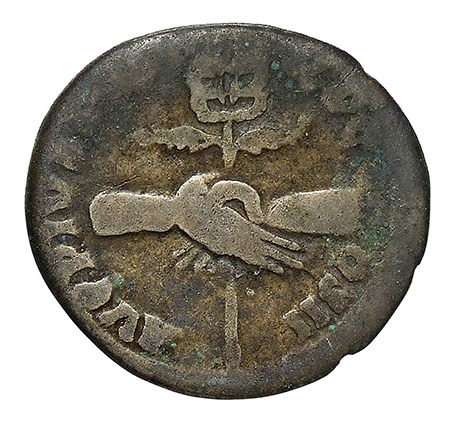 RIC III Antoninus Pius 27a Antoninus Pius reverse, Clasped hands holding caduceus (sometimes winged)