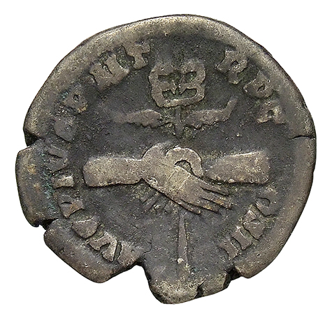RIC III Antoninus Pius 27c Antoninus Pius reverse, Clasped hands holding caduceus (sometimes winged)