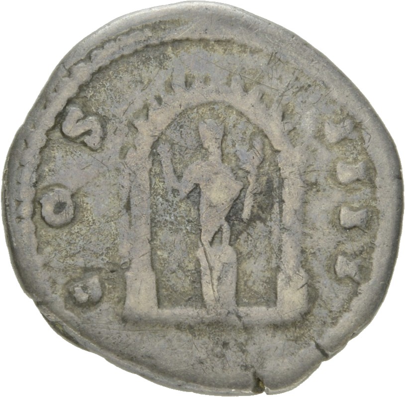 RIC III Antoninus Pius 285 Antoninus Pius reverse, Tetrastyle shrine with semi-circular arch, in which male figure stands ...