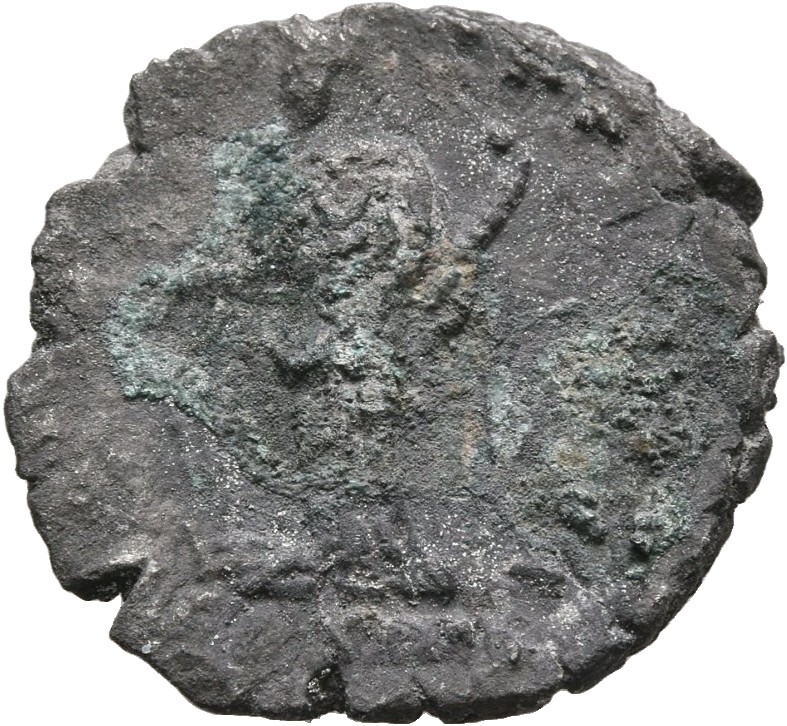 Antoninus Pius reverse — Fortuna, draped, standing left, holding in right hand patera above rudder on prow, left, and cornucopiae in left
