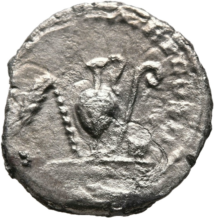 RIC III Antoninus Pius 28a Antoninus Pius reverse, Emblems of priesthood: from left to right, aspergillum, jug, lituus and...