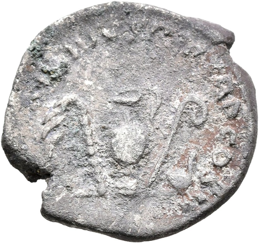 RIC III Antoninus Pius 28a Antoninus Pius reverse, Emblems of priesthood: from left to right, aspergillum, jug, lituus and...