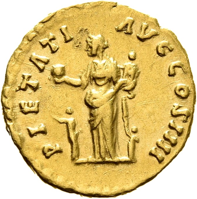RIC III Antoninus Pius 302A Antoninus Pius reverse, Pietas, draped, standing left, holding globe on right hand and child o...