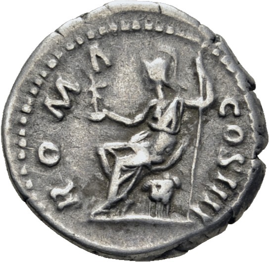 RIC III Antoninus Pius 303 Antoninus Pius reverse, Roma, helmeted, draped, seated left, on throne, holding Victory on righ...