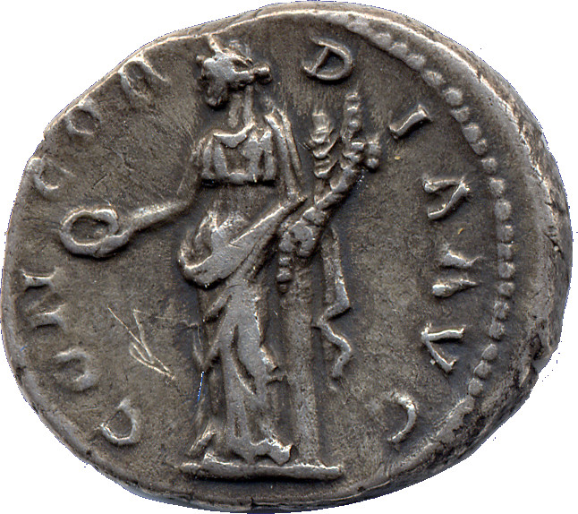 RIC III Antoninus Pius 329 Antoninus Pius reverse, Concordia, draped, standing left, leaning on column, holding patera in ...