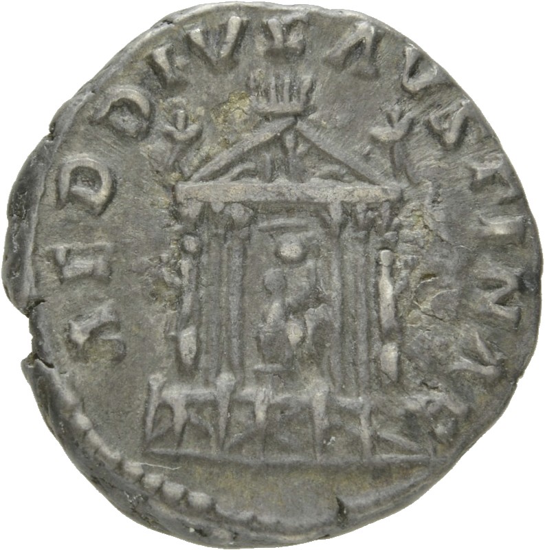 RIC III Antoninus Pius 343 Antoninus Pius reverse, Front view of Hexastyle temple in center of which is seated a statue of...