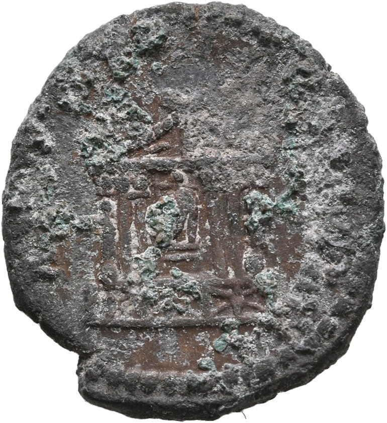 Antoninus Pius reverse — Front view of Hexastyle temple in center of which is seated a statue of Faustina the Elder; pediment is ornamented and roof has statues and quadriga as decoration