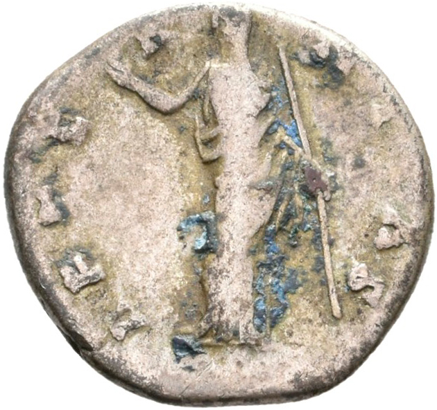 RIC III Antoninus Pius 344 (denarius) Antoninus Pius reverse, Juno(?), veiled, draped, standing left, head left, extending...