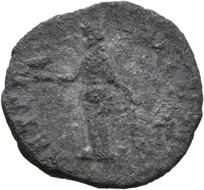Antoninus Pius reverse — Aeternitas, draped, standing left, holding phoenix on extended right hand and raising fold of skirt with left