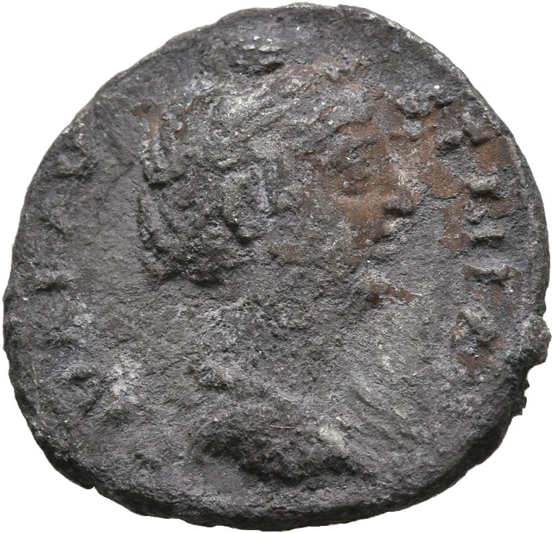 Antoninus Pius obverse — Bust of Faustina the Elder, draped, right, hair elaborately waved in several loops round head and drawn up and coiled on top.