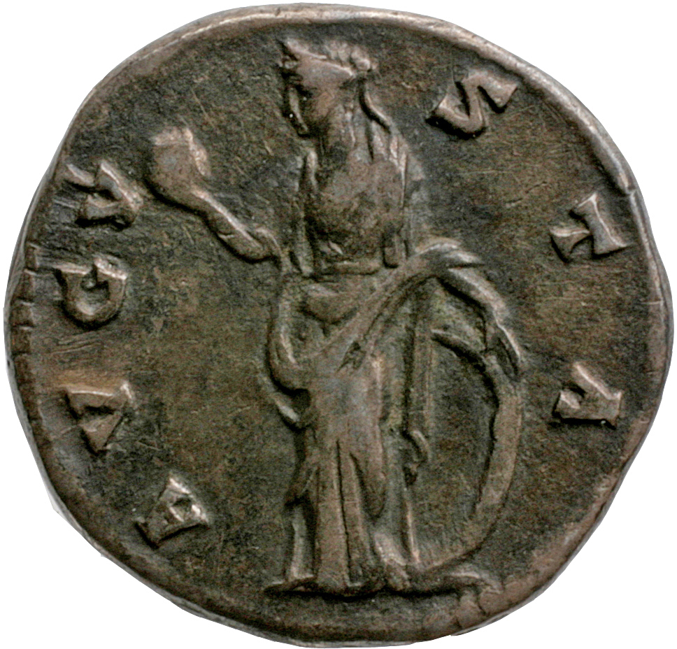 Antoninus Pius reverse — Venus, draped, standing front, head left, holding apple in right hand and resting left on large round shield at her side