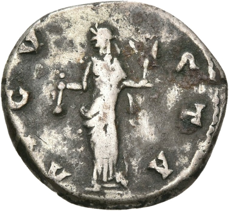 RIC III Antoninus Pius 368 Antoninus Pius reverse, Vesta, veiled, draped, standing left, holding simpulum in right hand an...