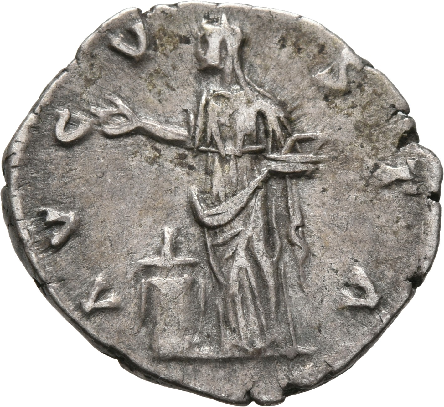 RIC III Antoninus Pius 373 Antoninus Pius reverse, Pietas, draped, standing left, holding right hand over lighted altar le...