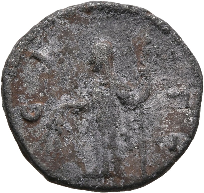 Antoninus Pius reverse — Ceres, veiled, draped, standing left, holding two corn-ears downwards in right hand and lighted torch, nearly vertical, in left