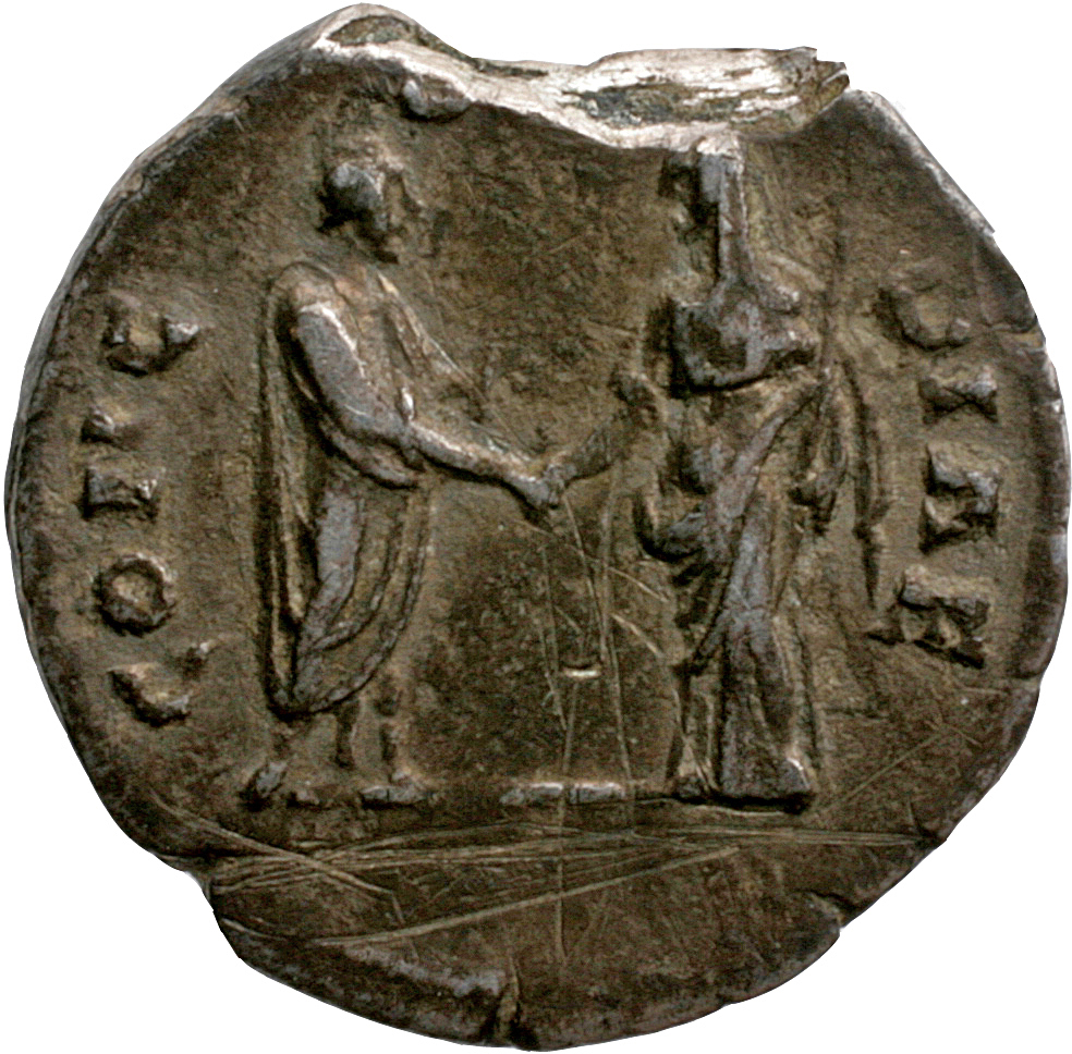 RIC III Antoninus Pius 381Ba Antoninus Pius reverse, Antoninus, togate, standing right, holding roll in left hand and clas...