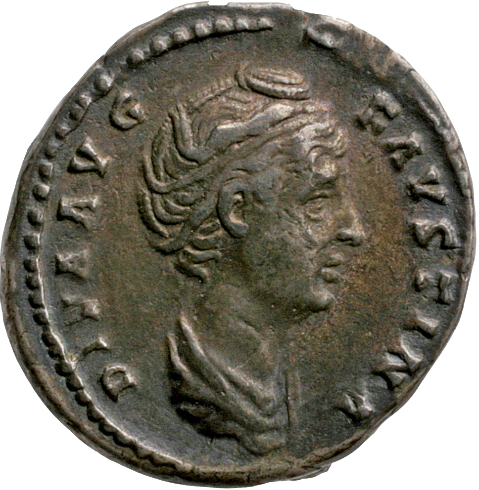 Antoninus Pius obverse — Bust of Faustina the Elder, draped, right, hair elaborately waved in several loops round head and drawn up and coiled on top.