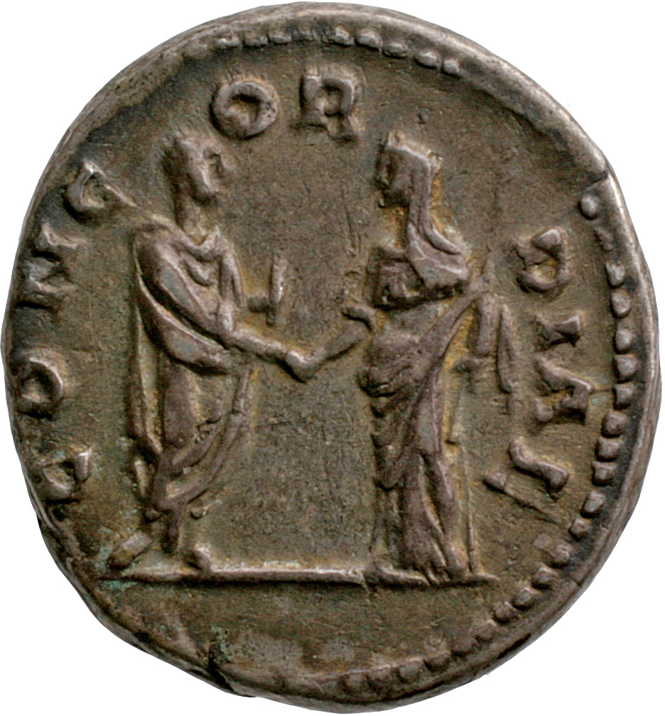 Antoninus Pius reverse — Antoninus, togate, standing right, holding roll in left hand and clasping right hands with Faustina the Elder, who stands left, veiled, draped, sceptre in left hand