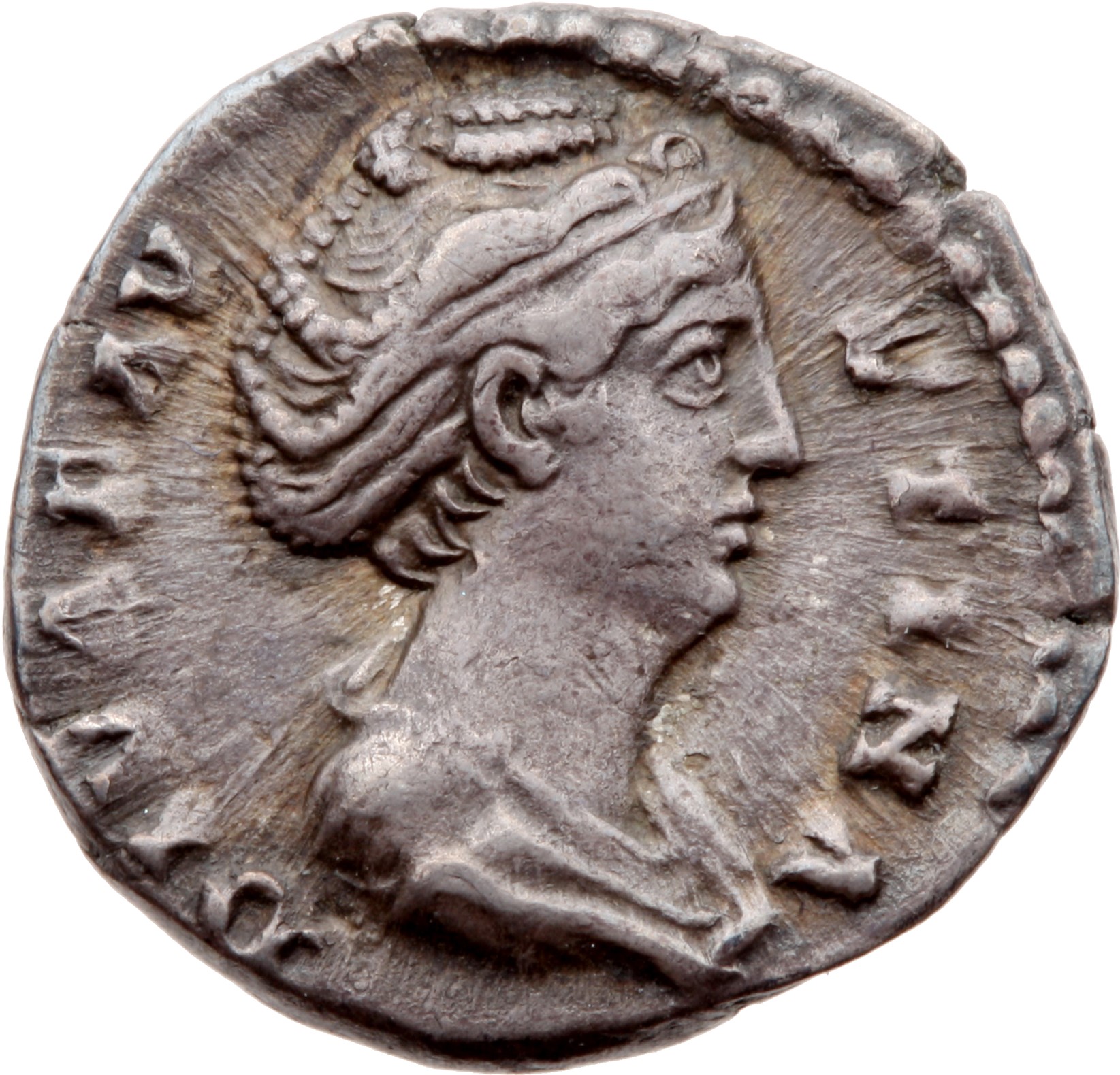 RIC III Antoninus Pius 382B Antoninus Pius obverse, Bust of Faustina the Elder, veiled, draped, right with hair elaboratel...