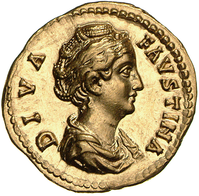 RIC III Antoninus Pius 384a (aureus) Antoninus Pius obverse, Bust of Faustina the Elder, draped, right, hair elaborately w...