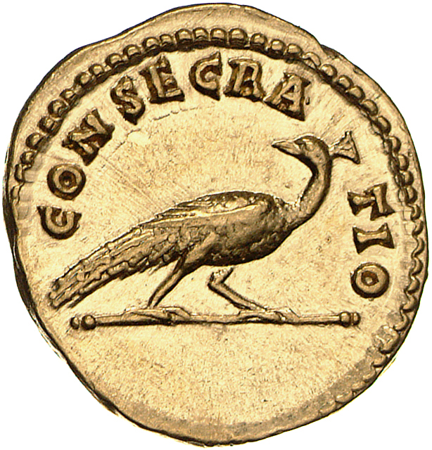 RIC III Antoninus Pius 384a (aureus) Antoninus Pius reverse, Peacock, walking right, head turned back left