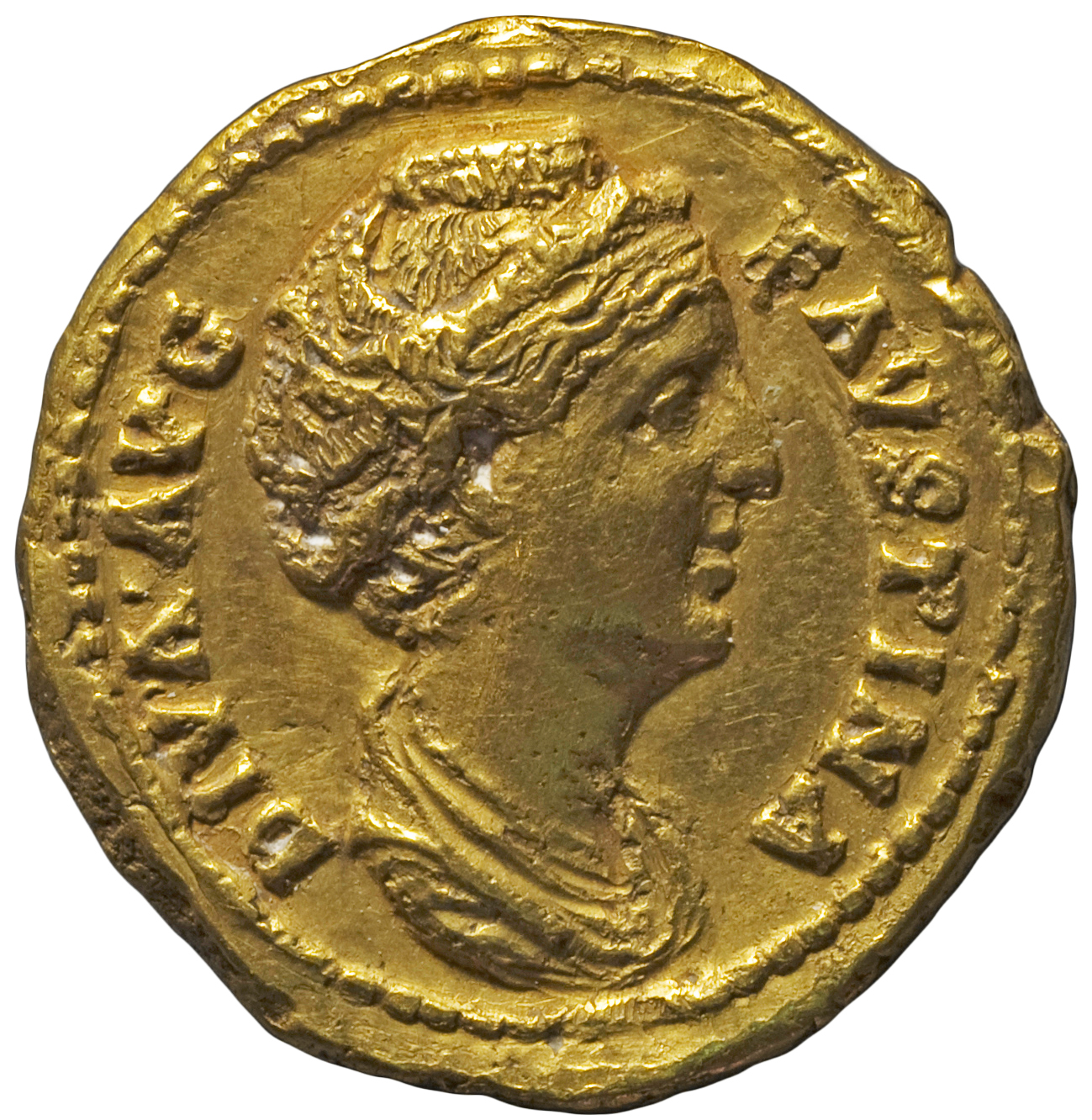 RIC III Antoninus Pius 394A (aureus) Antoninus Pius obverse, Bust of Faustina the Elder, draped, right, hair elaborately w...