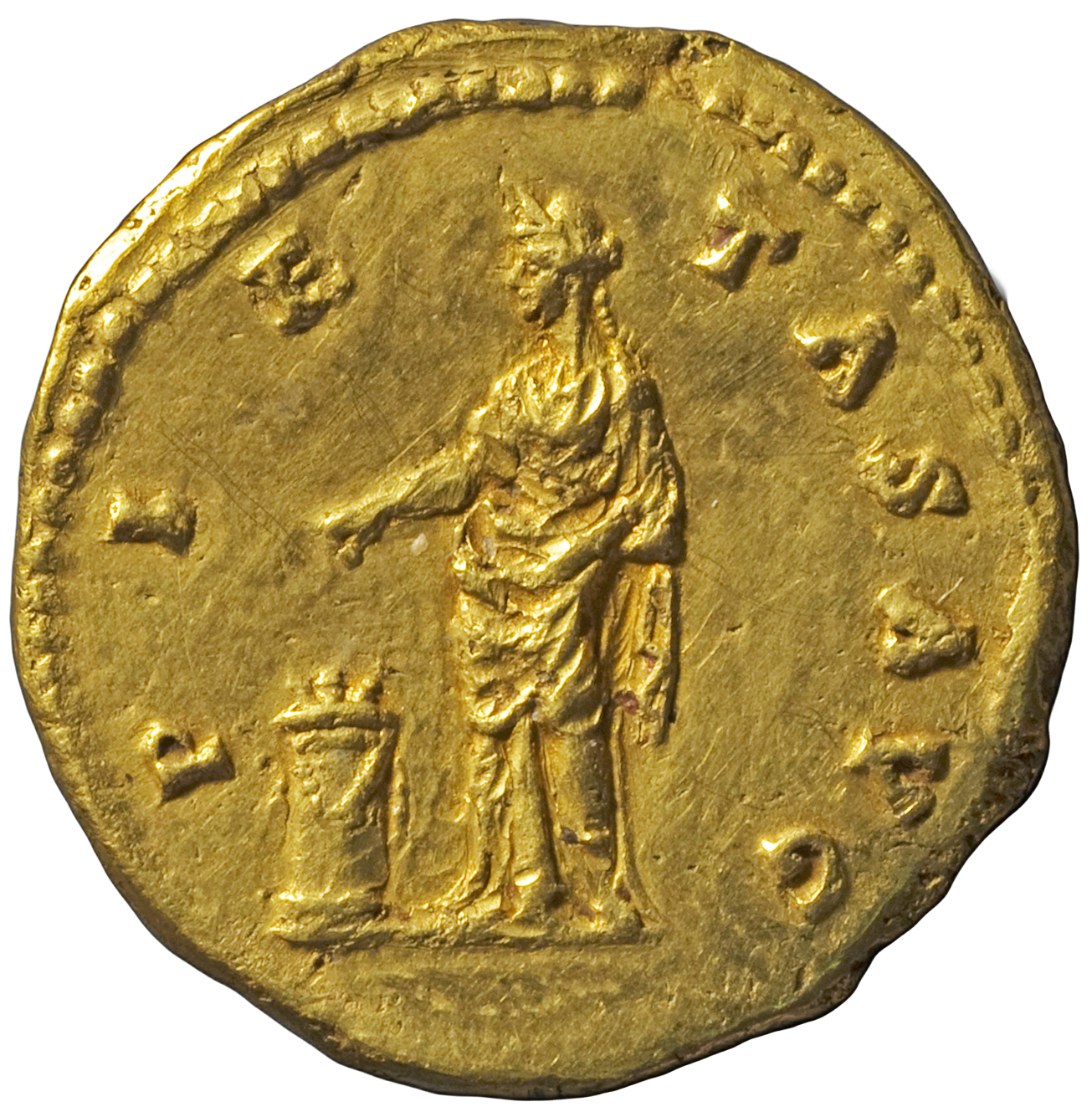 RIC III Antoninus Pius 394A (aureus) Antoninus Pius reverse, Pietas, veiled, draped, standing left, with right hand droppi...
