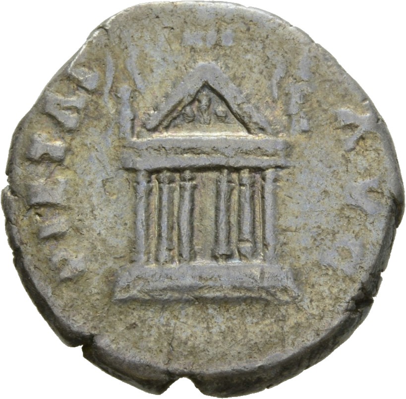 RIC III Antoninus Pius 396 Antoninus Pius reverse, Front view of temple, showing six columns on a podium of three steps: p...