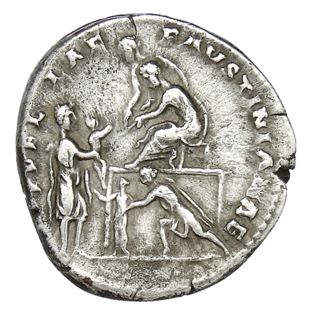 RIC III Antoninus Pius 399A Antoninus Pius reverse, Antoninus Pius, seated left on platform on right with a woman standing...