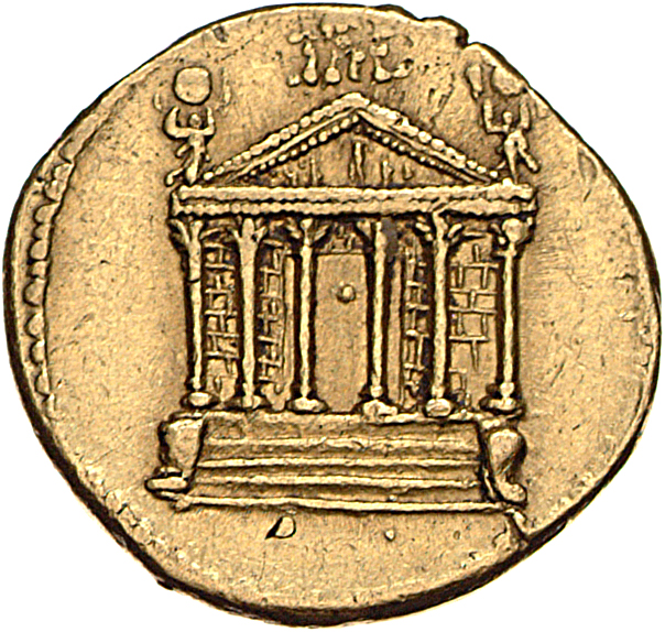 RIC III Antoninus Pius 406b Antoninus Pius reverse, Sechssäulige Front eines Podiumstempels mit Akroteren und Figuren im G...