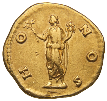 RIC III Antoninus Pius 422 (aureus) Antoninus Pius reverse, Honos, togate, standing left, holding branch in raised right h...