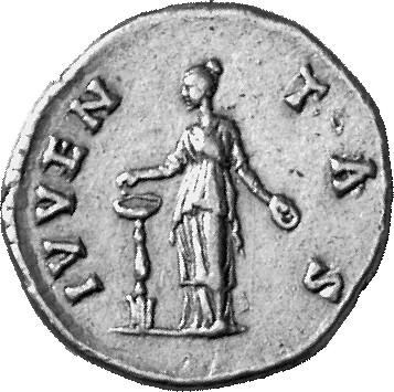 RIC III Antoninus Pius 423B Antoninus Pius reverse, Juventas, draped, standing left, with right hand dropping incense on c...
