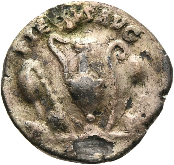 RIC III Antoninus Pius 424A (denarius) Antoninus Pius reverse, Emblems of priesthood: from left to right, knife, sprinkler...