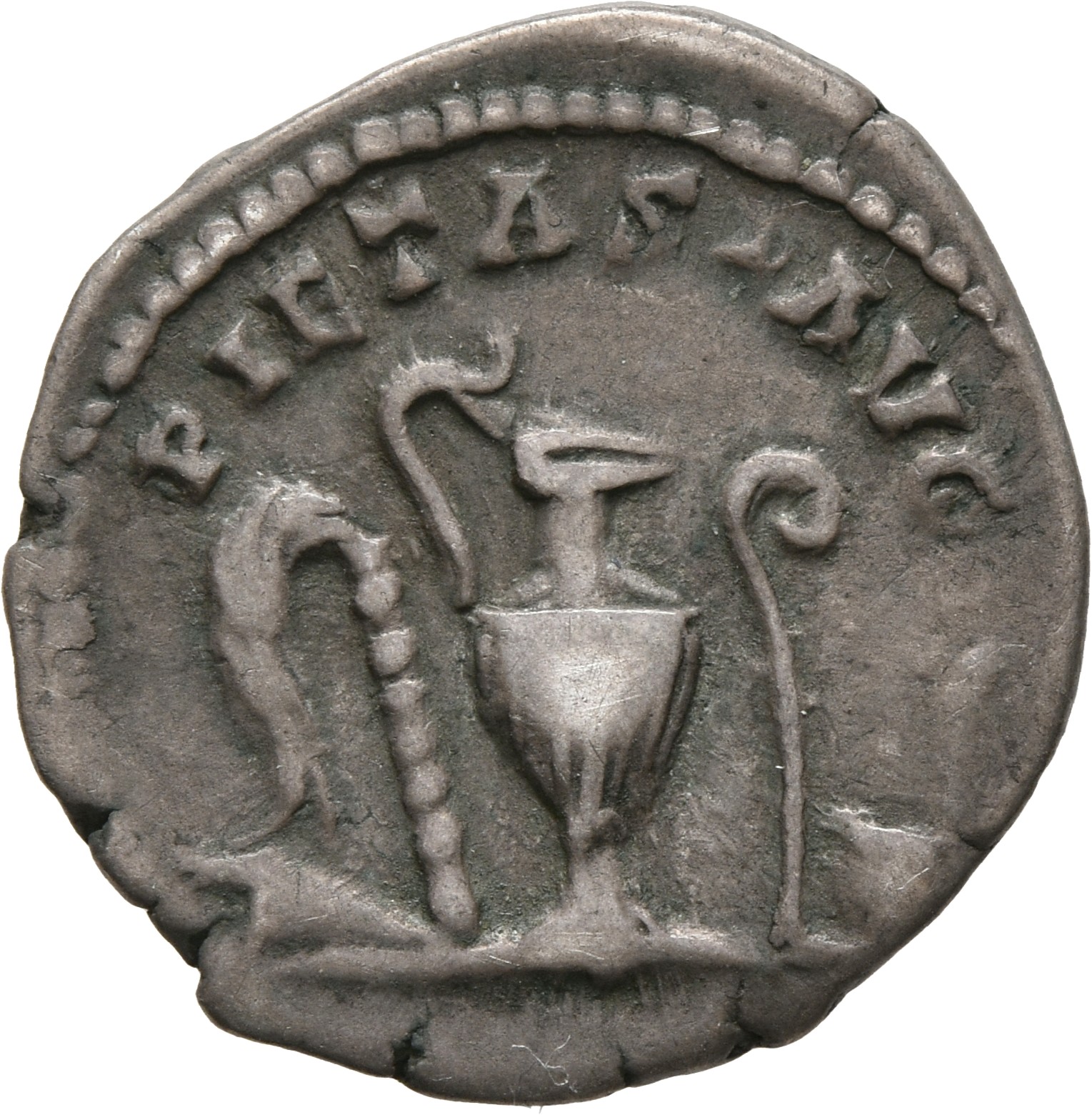 RIC III Antoninus Pius 424B Antoninus Pius reverse, Emblems of priesthood: from left to right, knife, sprinkler, jug, litu...