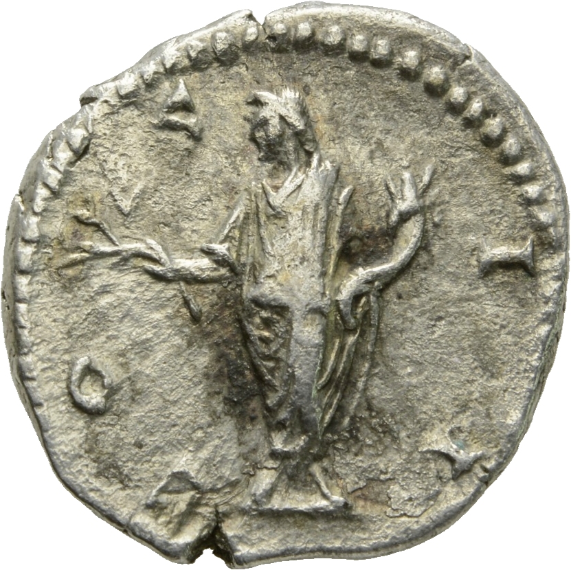 RIC III Antoninus Pius 429A Antoninus Pius reverse, Honos, togate, standing left, holding up branch in right hand and corn...