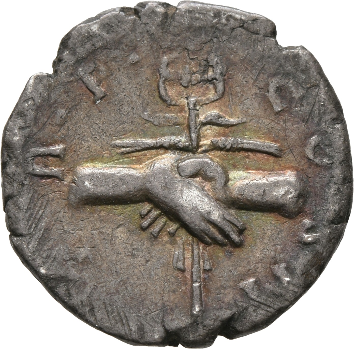 RIC III Antoninus Pius 43 Antoninus Pius reverse, Clasped hands holding winged caduceus and two corn-ears.