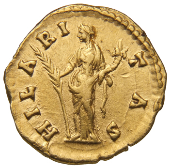 Antoninus Pius reverse — Hilaritas, draped, standing left, holding long palm, nearly vertical, in right hand and cornucopiae in left