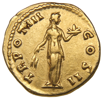 Antoninus Pius reverse — Fides, standing right, holding corn-ears in right hand and basket of fruit in left