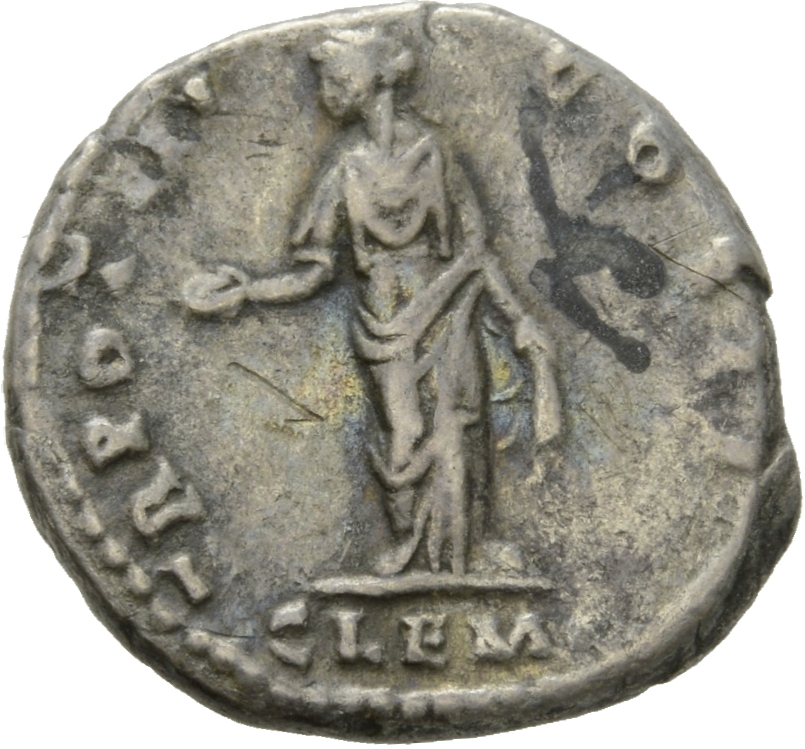 RIC III Antoninus Pius 448D Antoninus Pius reverse, Clementia, draped, standing front, head left, holding patera in extend...