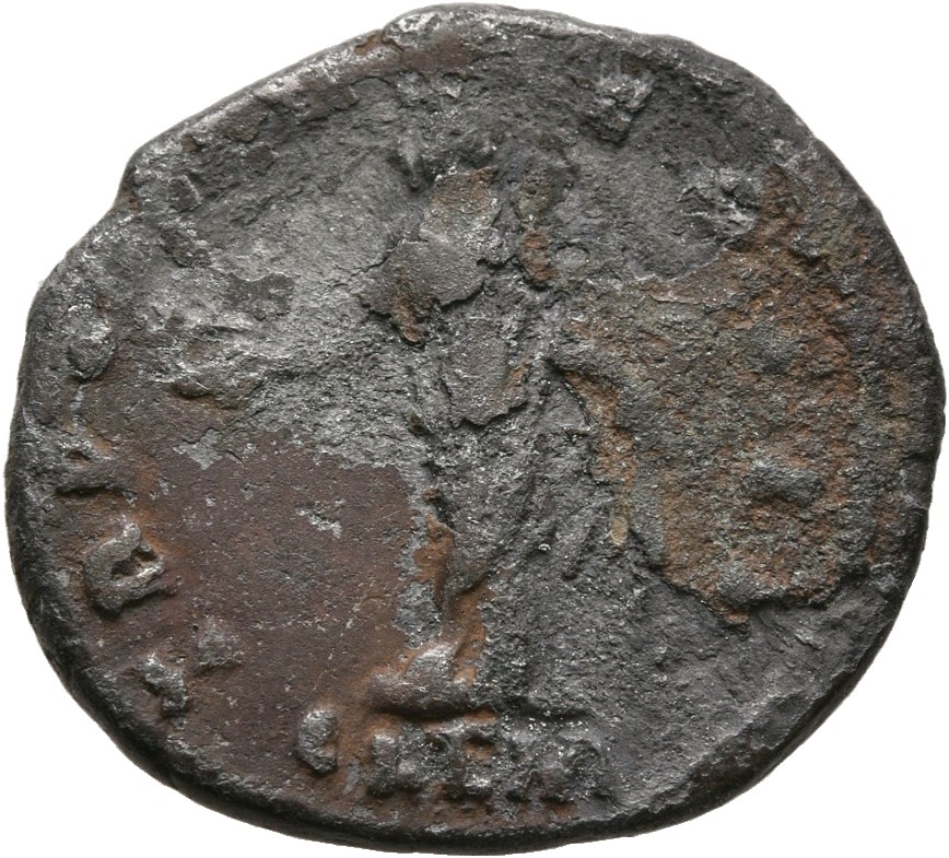 RIC III Antoninus Pius 456A (denarius) Antoninus Pius reverse, Clementia, draped, standing front, head left, holding pater...