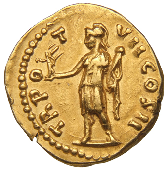 RIC III Antoninus Pius 457A (quinarius aureus) Antoninus Pius reverse, Roma, helmeted, in military dress, standing left, h...