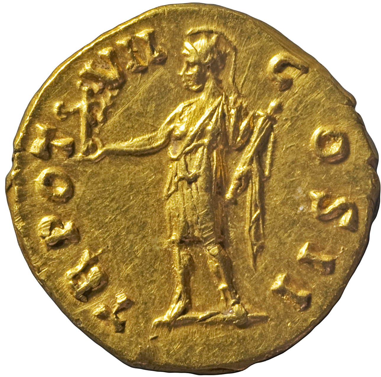 RIC III Antoninus Pius 457B Antoninus Pius reverse, Roma, helmeted, in military dress, standing left, holding Victory on e...