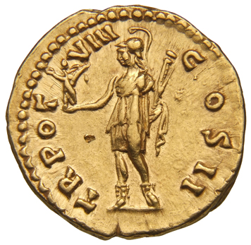 RIC III Antoninus Pius 460 Antoninus Pius reverse, Roma, helmted, in military dress, standing left, holding Victory on rig...