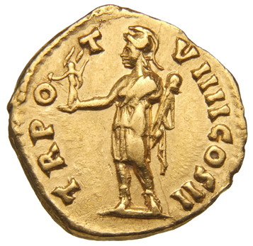 Antoninus Pius reverse — Roma, helmeted, in military dress, standing left, holding Victory on extended right hand and parazonium at shoulder in left