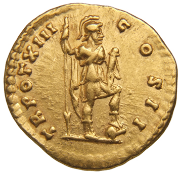 RIC III Antoninus Pius 480B Antoninus Pius reverse, Virtus, helmeted, in military dress, standing right, left foot on helm...